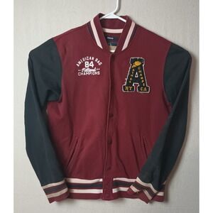 American‎ Rag Varsity Jacket Bomber Letterman Snap Maroon Black Patches Medium O